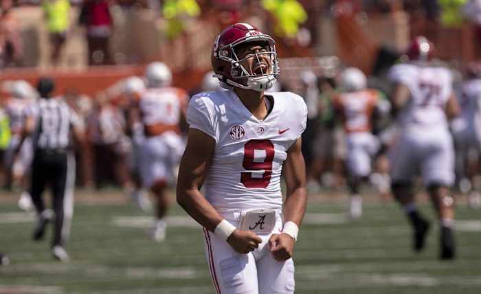 Bryce Young celebrates a touchdown against Texas.